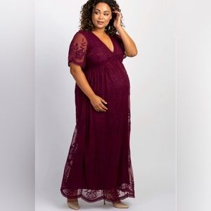 PinkBlush Burgundy Lace Mesh Overlay Plus Maternity Maxi Dress